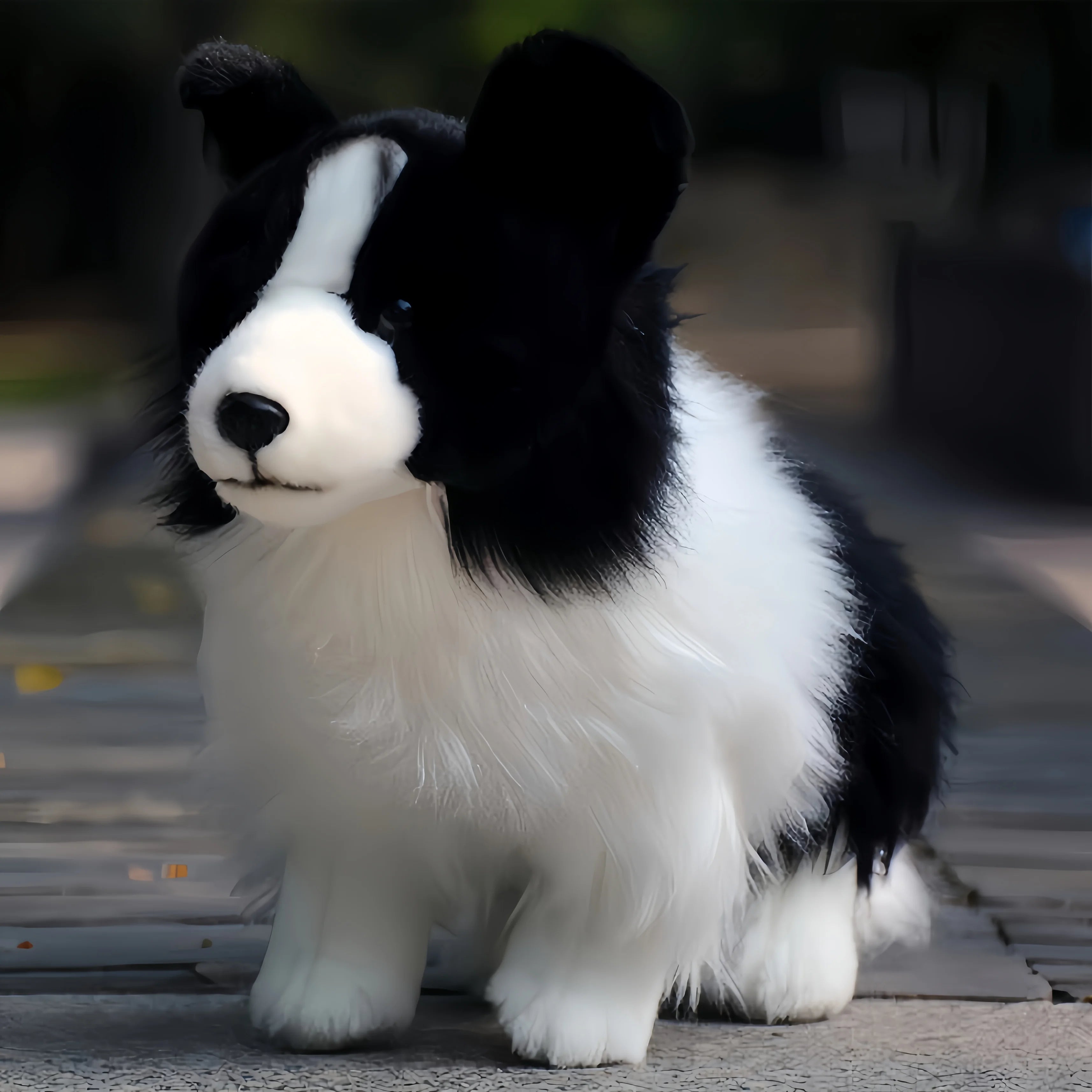 Black and white stuffed dog toy on a blurred outdoor background